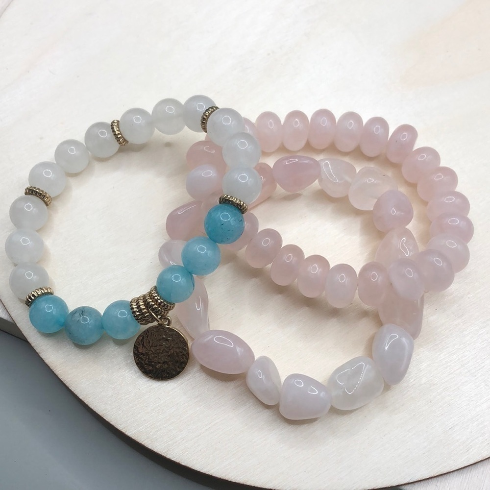 Curated bundle 3 roll on gemstone/stone charm bracelets stackable layering boho